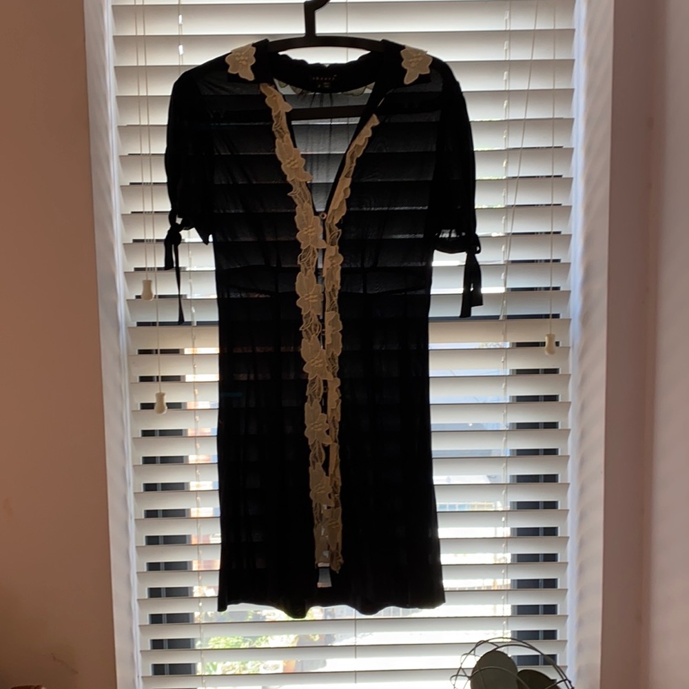 Theory sheer black silk mini dress with lace trim